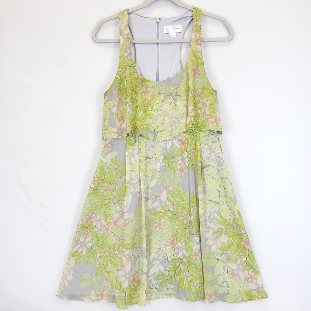 Jessica Simpson Short Dress A-Line Layered Tank Women 6 Green Floral Lined‎